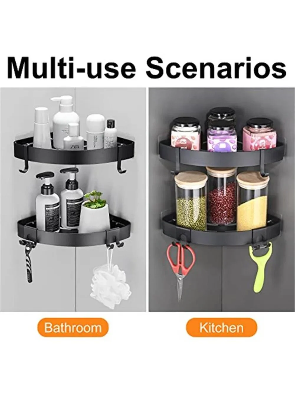 Adhesive Corner Shower Caddy with Hooks, Black, 2 Pack
